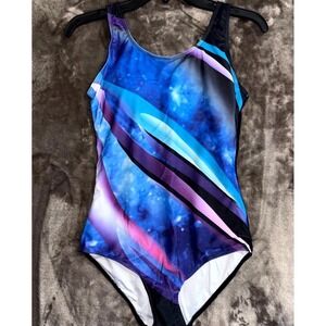 Womens One Piece Swimsuit Medium Blue Stretch Galaxy Abstract Graphic Athletic